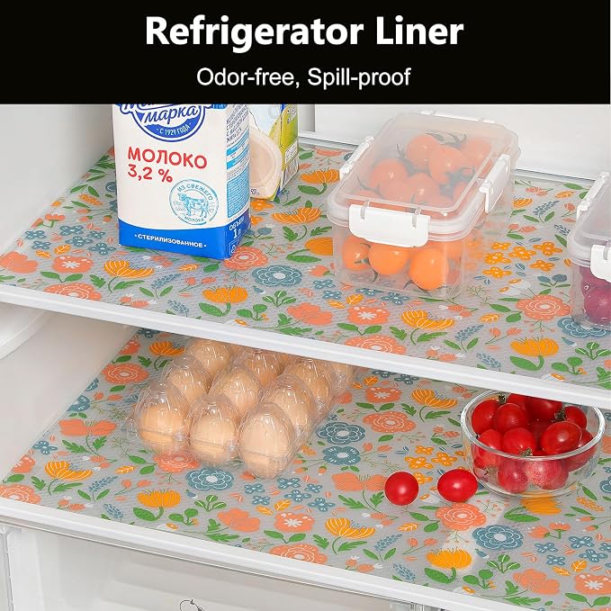 INNOLITES Shelf Liner for Kitchen Cabinets, Non-Adhesive Drawer Liner, Waterproof Washable EVA Floral Pattern, Protect Dresser Cupboard Refrigerator Shelves (Honey Coral Blue, 11.8" x 240")