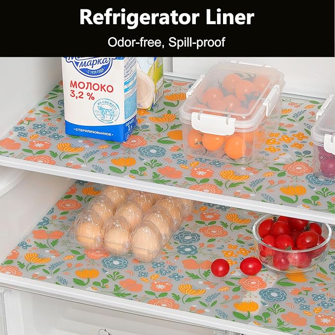 INNOLITES Shelf Liner for Kitchen Cabinets, Non-Adhesive Drawer Liner, Waterproof Washable EVA Floral Pattern, Protect Dresser Cupboard Refrigerator Shelves (Honey Coral Blue, 17.5" x 360")