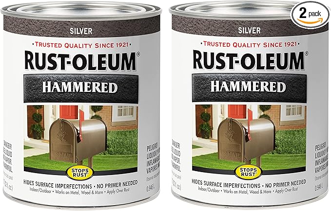 Rust-Oleum 7213502-2PK Stops Rust Hammered Finish Paint, Quart, Silver, (Pack of 2)