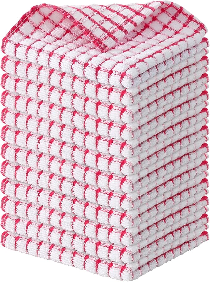 Kitinjoy Cotton 12 Pack Terry Kitchen Dish Cloths, 12 x 12 Inches Super Soft and Absorbent Dish Rags, Quick Drying Dish Towels for Washing Dishes, Red