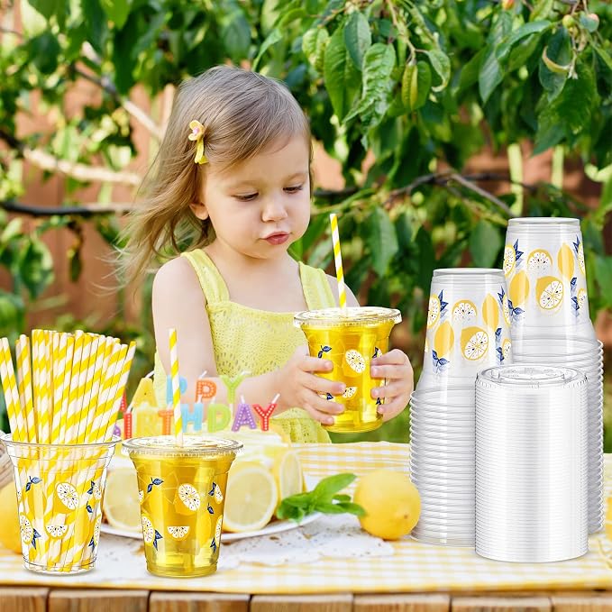 Umigy 100 Pack Plastic Disposable Cups with Lids and Straws 12 oz Disposable Cups for Juice Water Coffee Summer Party Sports Party Supplies (Lemon)