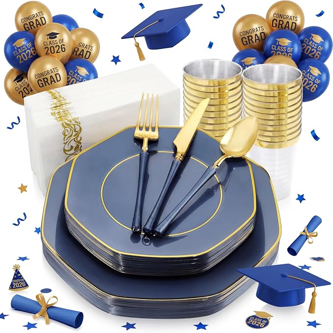 KIRE 140Pcs Blue Plastic Plates with Gold Rim - Gold Disposable Plastic Silverware with Blue Handle&Clear Cups&Hand Napkin - Geometric Party Plates for Memorial Day/Party/Graduation/Father's Day