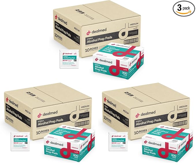 Dealmed Alcohol Prep Pads – 2000 Count Medium Latex-Free Gamma Sterilized Antiseptic Wipes, Wound Care Products for First Aid Kits, Home, and Medical Facilities (Pack of 3)