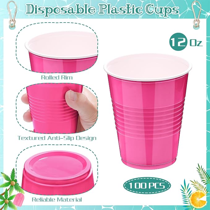 Kochorie 100 Pack Hot Pink Disposable Plastic Cups 12 Ounce Drinking Party Cups Bulk Party Cups for Wedding Birthday Graduation Christmas Parties, Picnics Events