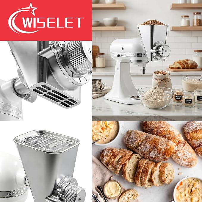 Wiselet Grain Mill Attachment for Kitchenaid Stand Mixer, 12 Gear Metal Flour Maker for Wheat, Oat, Buckwheat, Corn, Beans and Other Cereals, Included Brush and Screwdriver, Hand Wash Only