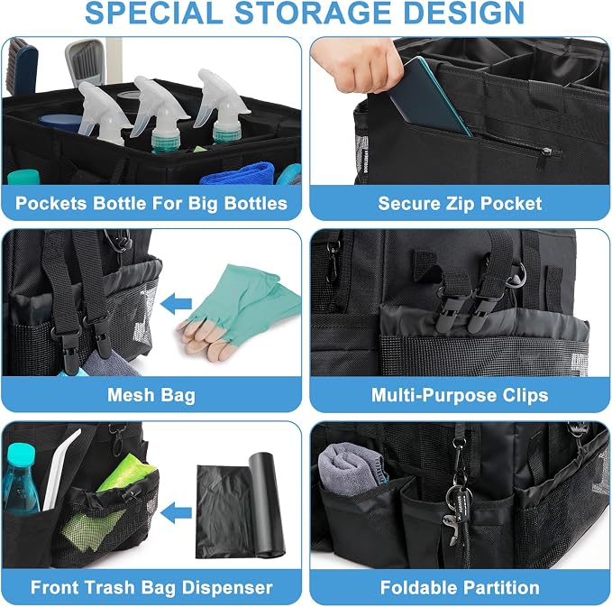Large Cleaning Caddy Bag with Built-in Support Board, Wearable Cleaning Supplies Organizer with Adjustable Shoulder Strap & Waist Belt, Waterproof Heavy Duty Tote for Housekeepers Car Detailing