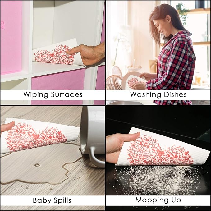Swedish Dishcloths 2-Pack - Super Absorbent Reusable Cellulose Sponge Cloths, Eco-Friendly Kitchen Cleaning Towels, Machine Washable, Flying Hearts Design, 7.87"x6.88"