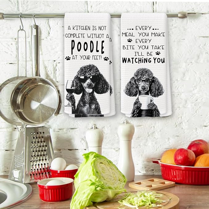 Funny Black Poodle Dog Kitchen Towels 16x24 Inch Set of 2 | Poodle Lovers Gifts for Women Men Dish Tea Towels for Kitchen, Dog Lover Mom Dad Owner Gifts Decorative Hand Towel