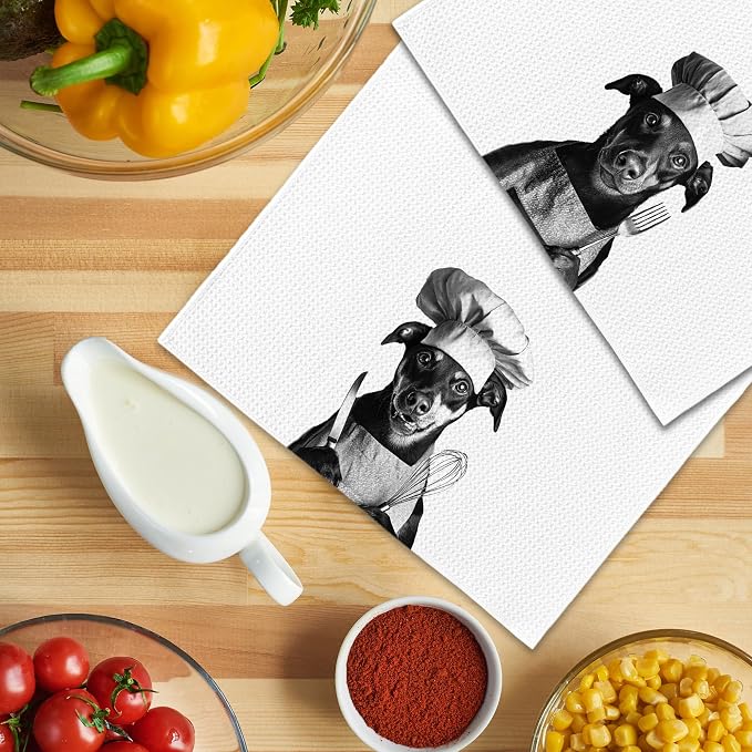 Funny Chef Doberman Pinscher Kitchen Towels Set of 2, Doberman Gifts for Women Dish Tea Towels for Kitchen, Dog Mom Lovers Owner Gifts Decorative Hand Towel, 16x24 Inch