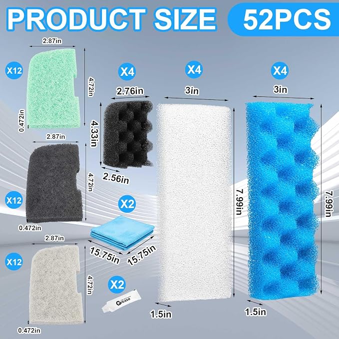 Threlaco 52 Pcs Replacement Filter Media Kit Compatible with Fluval 306/307 Aquarium Filters, Include Three Bio Sponge, Ammonia/Phosphate/Nitrite Remover, Towel and Grease