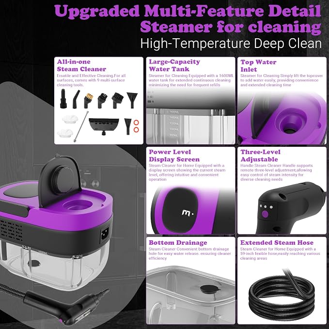 Steam Cleaner - 3-Level Adjustable Handle 15s Heat-Up - Steamer for Cleaning with 10pcs Accessories - Portable Steam Cleaner for Home for Car, Dirt, Grease, Grout, Tile, Floor, Couch, Furniture-Purple