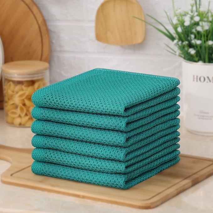 Kitinjoy 100% Cotton Kitchen Dish Cloths (12 X 12 Inches, Teal), 12 Pack Waffle Weave Ultra Soft Absorbent Dish Towels for Drying Dishes Quick Drying Kitchen Towels Dish Rags