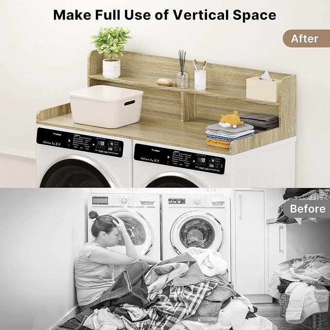 Washer Dryer Countertop with Non-Slip Pads, 2.75" H Guard, 54" W x 27.5" D Wood Laundry Countertop Cover, Large Space Washer Dryer Topper for Laundry Room Organization(Light Wood)