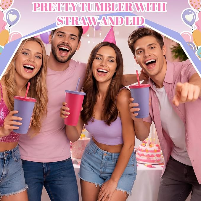 Honeydak 30 Pack Tumbler with Straw and Lid Bulk Cups for Gifts Water Bottle Iced Coffee Travel Mug Cup Reusable Plastic Tumblers for Party Birthdays 24-27 oz (Pink and Purple Color)