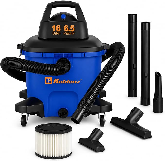 Koblenz WD-16 L4 Wet Dry Vacuum Cleaner, 16 Gallon Wet Dry Vac, 6.5 PHP, 3-in-1 Suction & Blower, Click-N-Lock Hose, Drain Plug, Big Vacuum Cleaner for Carpet & Floors, Swivel Casters, Black/Blue