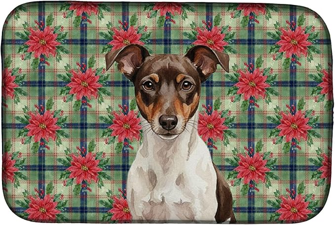 Caroline's Treasures Chocolate and White Rat Terrier Christmas PoinsettIas Dish Drying Mat Absorbent Dish Drying Mat Pad for Kitchen Counter Dish Drainer Mat for Countertop, 14 x 21", Multicolor