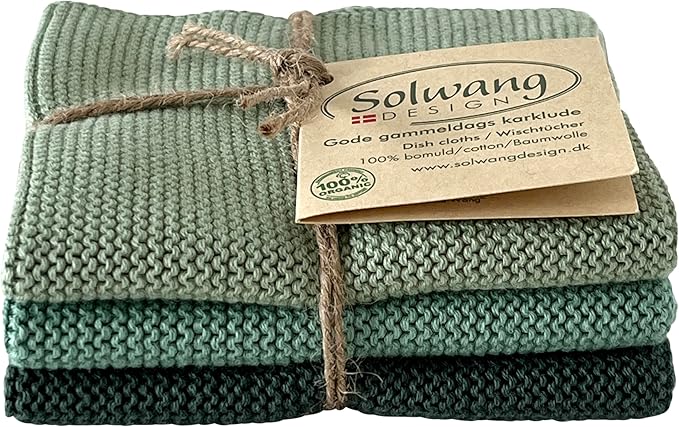 Solwang 3-Piece Danish Cotton Dishcloths in 100% Certified Organic Cotton Made in India (Rustic Green Organic Combi)