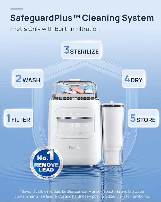 Papablic SafeguardPlus Baby Bottle Washer with Water Purification, 8 Bottles Capacity, 12-Min Fast Wash, 360° Deep Clean Bottle Washer &Sterilizer &Dryer for Bottles, Pump Parts, Baby Essentials