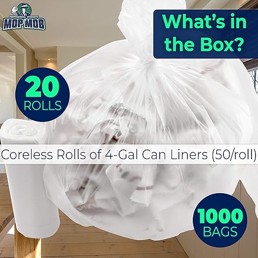 Leak-Proof Clear 4 Gallon Trash Can Liners, 1000 Count, Coreless, No Mess Disposal