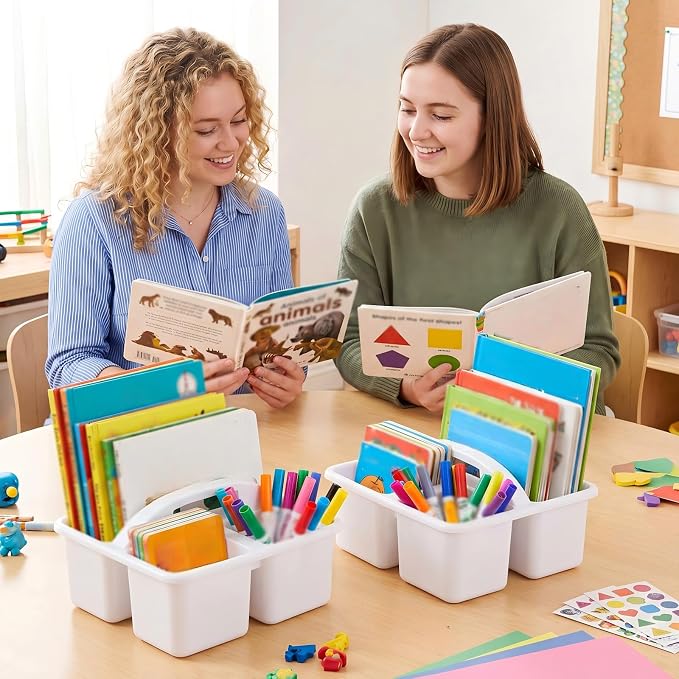 Geelin 24 Pack Classroom Caddy Bulk, Plastic Storage Caddy with Handle and 3 Compartments, Stackable Art Supply Caddies Organizer(White)