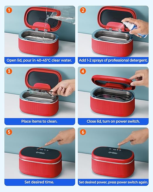 45KHz Ultrasonic Jewelry Cleaner, 5 Timer & 3 Power Modes, 35W Retainer Cleaner for Jewelry, Eyeglasses, Rings, Watch Strap, Dentures - Quiet <38dB, 20oz, 304 Stainless Steel (Red)