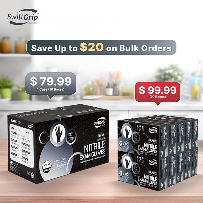 SwiftGrip Disposable Nitrile Exam Gloves, Black Nitrile Gloves Disposable Latex Free for Medical, Cooking & Esthetician