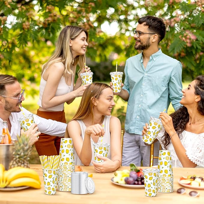 Tessco 150 Pieces/ 50 Sets Lemonade Cup with Lids and Paper Straws 12oz Disposable Iced Coffee Paper Summer Lemon Citrus Cold Cup for Fruit Party Iced Coffee Cold Beverages Drinks Juices