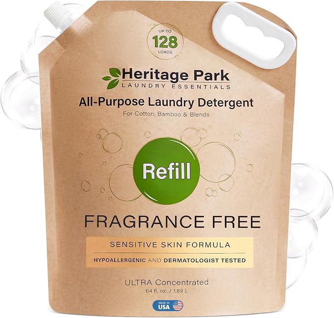 Heritage Park Luxury Laundry Detergent | Dermatologist Tested Plant based Natural & Enzyme Laundry Detergent | Sensitive Skin Friendly - Fragrance Free (64 fl oz Refill)