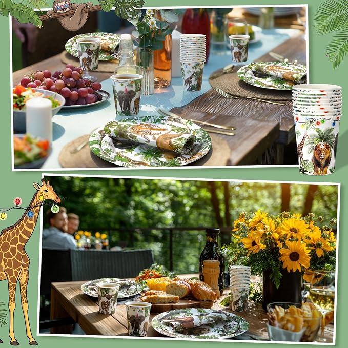 Pickmesh 250 Pcs Jungle Birthday Party Supplies Decorations Serve 50 Safari Animals Disposable Paper Plates Napkins and Cups Jungle Wild Animals Zoo Safari Baby Shower Birthday Wedding Party Supplies