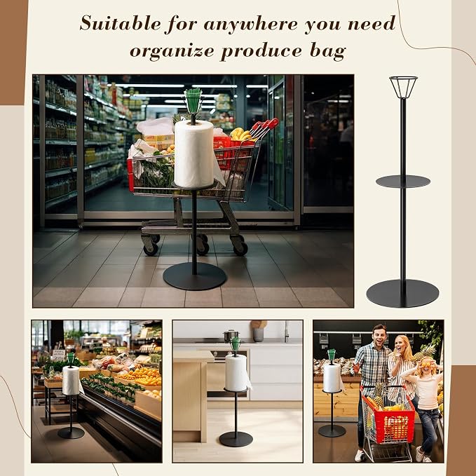 Zonon 41 Inch Grocery Roll Bag Holder Floor Standing Produce Bag Dispenser with Twist Tie Cup Organizer Black Straight for Supermarket Grocery Kitchen Storage(Single Head)