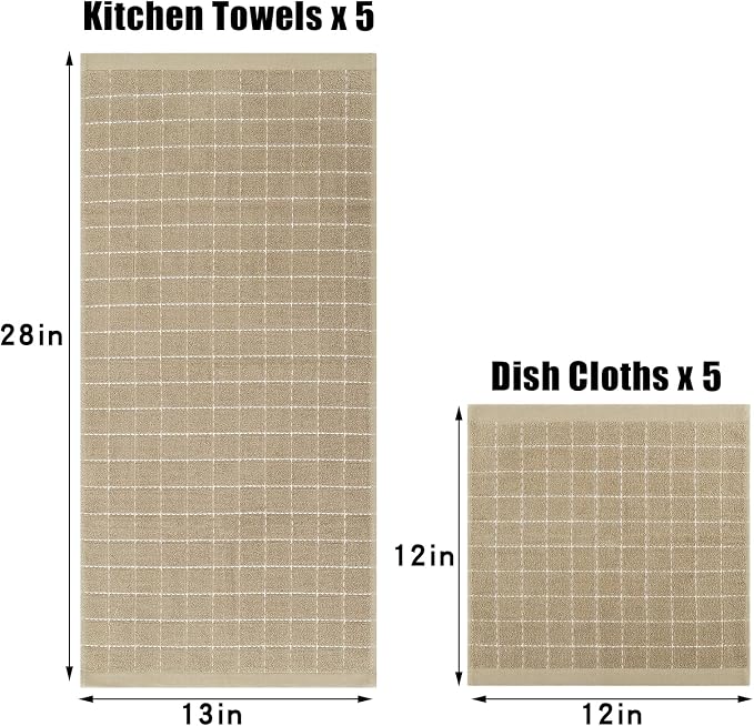 Homaxy Kitchen Towels and Dishcloths Set, 12 x 12 and 13 x 28 Inches, Set of 10 Bulk Cotton Terry Kitchen Towels Set, Checkered Designed, Soft and Super Absorbent Dish Towels, Tan