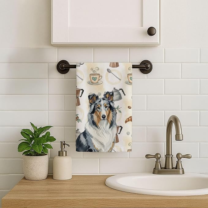 Caroline's Treasures Blue Merle Collie Coffee Bar Kitchen Towel Velour Plush Front and Cotton Loop Back Machine Washable