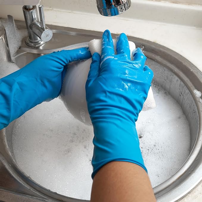 Heavy Duty Thick Latex Gloves, 14mil, Blue, Industrial, Powder Free, 12" Length, Textured, Multi-Purpose, Box of 50