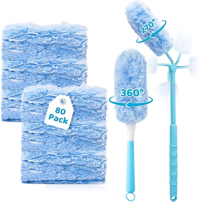 360° Dusters Refills for Cleaning - 80 Count Disposable Feather Duster Kit with 2 Handles, Multi-Surface Microfiber Feather Dusting Cleaner for Furniture Blinds Windows Ceiling Fans (Blue)