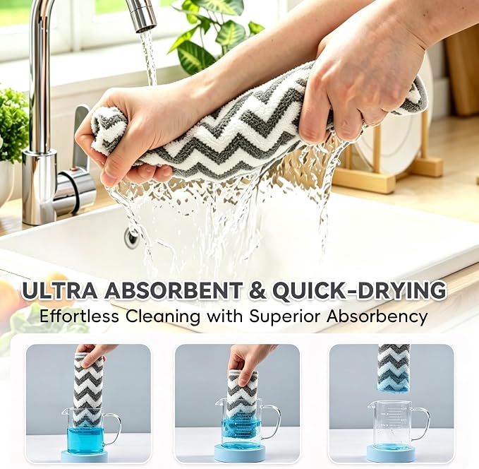 Microfiber Cleaning Cloth 6 Pack, Ultra Soft Super Absorbent Lint Free Dish Towels with Hanging Loop, 13.5x29 Inch Gray Reusable Kitchen Towels for Kitchen, Window, Car, Household