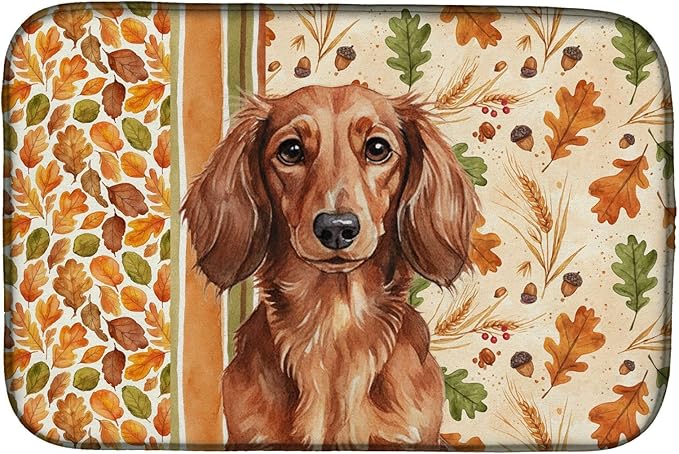 Caroline's Treasures Longhaired Red Dachshund Heirloom Fall Dish Drying Mat Absorbent Dish Drying Mat Pad for Kitchen Counter Dish Drainer Mat for Countertop, 14 x 21", Multicolor