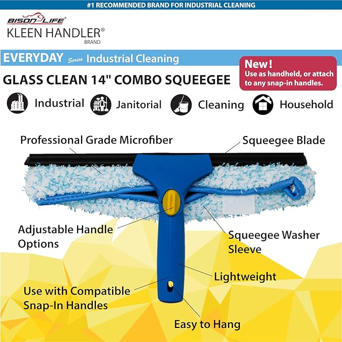 Kleen Handler 3 Pack Professional 14” Window Washing Squeegee, 2-in-1 Window Cleaning Tool, Scrubber and Squeegee Combo, Glass Shower Bathroom Car Pro Window Cleaner (Pack of 3)
