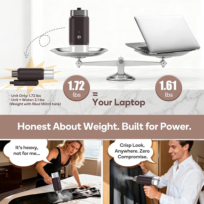 Newbealer Pro Business Travel Steamer, 1200W Dual Voltage, 180ml (Brown) | Foldable & 20s Fast Heat, 360° Anti-Spill Garment Steamer, Solid 1.72 lbs, Auto-Off, for Global Business Trip/Hotel/Office