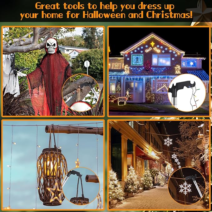 5-24ft Long Telescopic Extension Pole with Utility Hook, Ladderless christmas light pole hanger tool Installing and Hanging String Lights/Birdfeeders, cleaning High Places, Lightweight and Sturdy