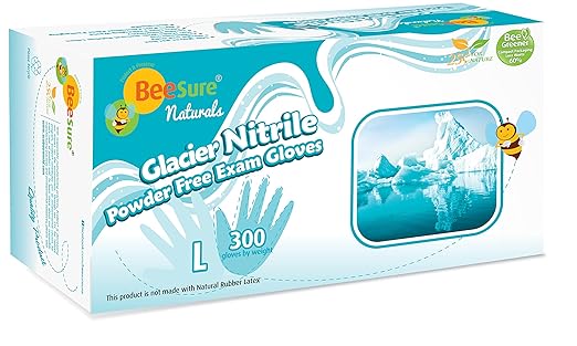 BeeSure BE2928case Naturals Glacier Exam Gloves, Powder Free, Nitrile, Beaded-Cuff, Large, Blue (Pack of 3000)