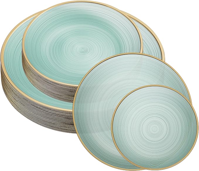 PLASTICPRO 128 Pieces Crystal Design Plastic Plates Combo Pack 7 inch and 10 inch Gold Rim Elegant Disposable Plates, Transparent Green