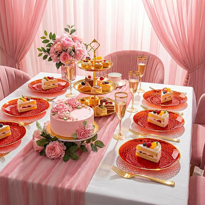 DaYammi 240Pcs Red Plastic Plates Including 120Pcs Red Dessert Plates and 120Pcs Gold Forks,Hammered Party Plate,Appetizer plates Heavy duty Disposable Plastic Plate for Party Wedding Bridal Shower