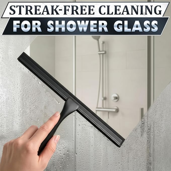Shower Door Squeegee with Hook - 10" Silicone Blade, Stainless Steel Black Squeegee for Shower Glass with Adhesive Mount - All-Purpose Bathroom Tile, Mirror, & Window Wiper for Streak-Free Cleaning