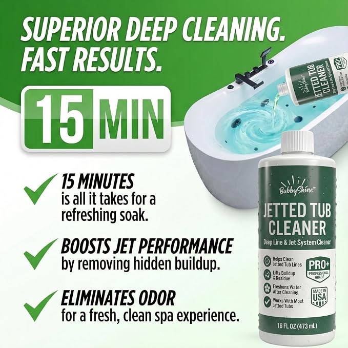 BubbyShine Jetted Tub Cleaner for Bathtub Jets – Deep Cleaning Bathtub Cleaner Formula for Jacuzzi & Whirlpool Tubs, Pro Grade System Flush for Internal Lines and Pipes, Made in USA, 16 oz