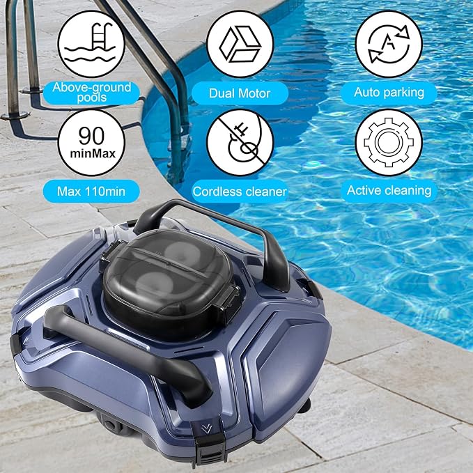 yosager Cordless Robotic Pool Cleaner, Cordless Automatic Pool Vacuum Lasts 90 Mins Runtime with Rechargeable Battery, Robotic Pool Vacuum Automatic Cleaning, Dual-Motor, for Above/In Ground Pools