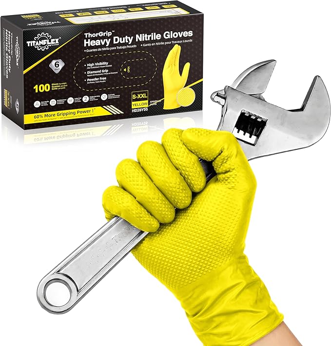 TitanFlex Heavy Duty Industrial Nitrile Gloves with Raised Diamond Texture, 6-mil, Latex Free (Yellow)