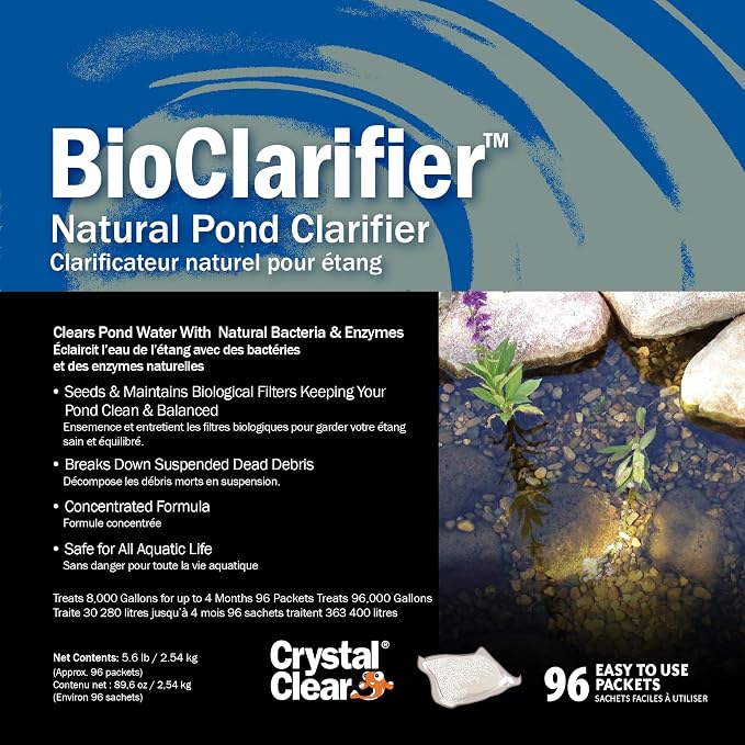 CrystalClear BioClarifier Small Pond & Water Garden Clarifier, 96 Packets | Cleaner for cloudy water with beneficial microbe treatment to improve water clarity; fish, plant & pet safe
