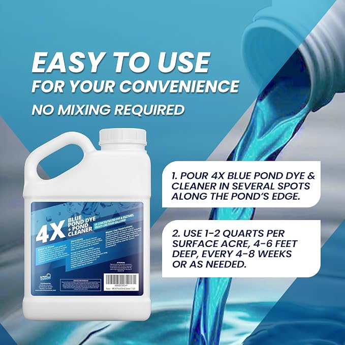 1 Gallon 4X Blue Pond Dye + Pond Cleaner, Blue Dye for Ponds and Lakes, 2-in-1 Lake Colorant + Enzymes, Makes Murky Water Clean & Beautiful, Keeps the Water Cool, Clear, and Ideal for Fish & Wildlife