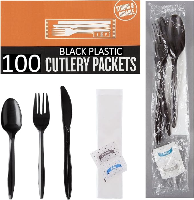 100 Plastic Cutlery Packets - Knife Fork Spoon Napkin Salt Pepper Sets | Black Silverware Sets Individually Wrapped Cutlery Kits, Bulk Plastic Utensil Cutlery Set Disposable To Go Silverware