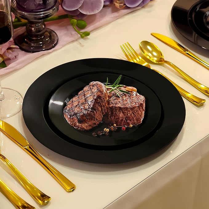200 PCS Black Plastic Plates, Plastic Black Disposable Plates Include 100 10 inch Dinner Plate and 100 7 inch Dessert Plate Perfect for Party, Wedding
